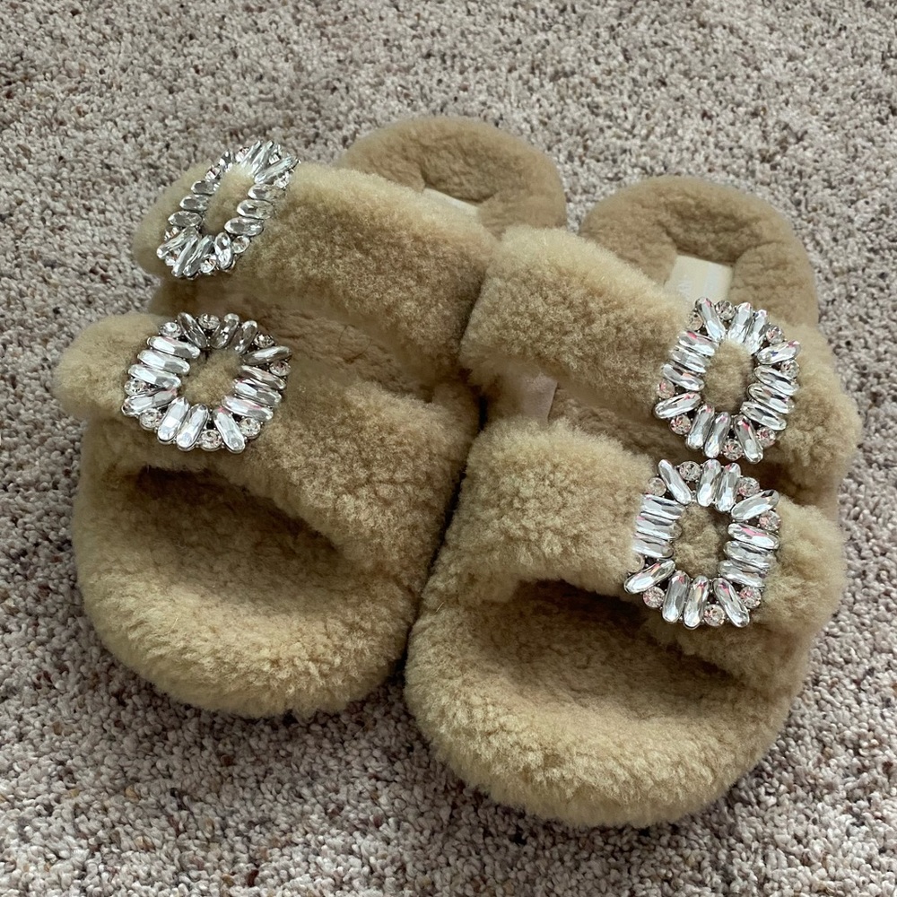 Daniella NYC Shearling Slides with Crystal Buckles